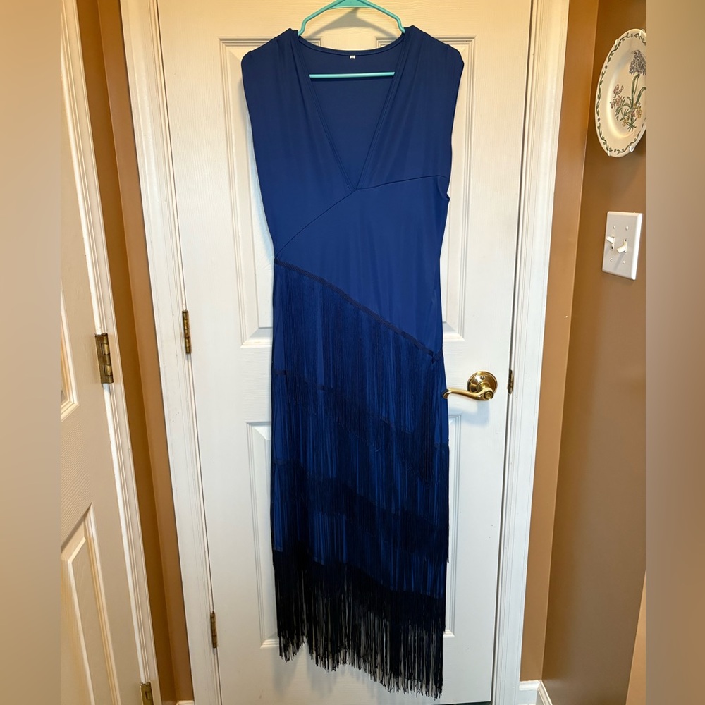Blue Fringe V-Neck Dress